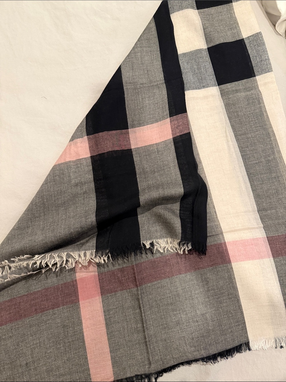 NWOT. Burberry Black Gray Check Modal Wool Square Scarf - Picture 12 of 13